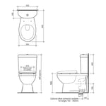 Caroma Profile II close coupled toilet suite technical drawing, showing front and side dimensions with P-trap outline in white.