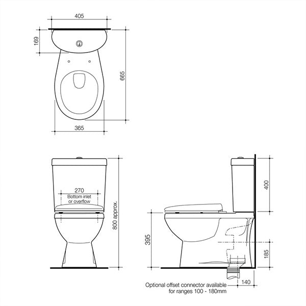 Caroma Profile II close coupled toilet suite technical drawing, showing front and side dimensions with P-trap outline in white.