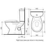 Caroma Profile 4 right hand skew trap toilet suite line drawing with dimensions, side and front views