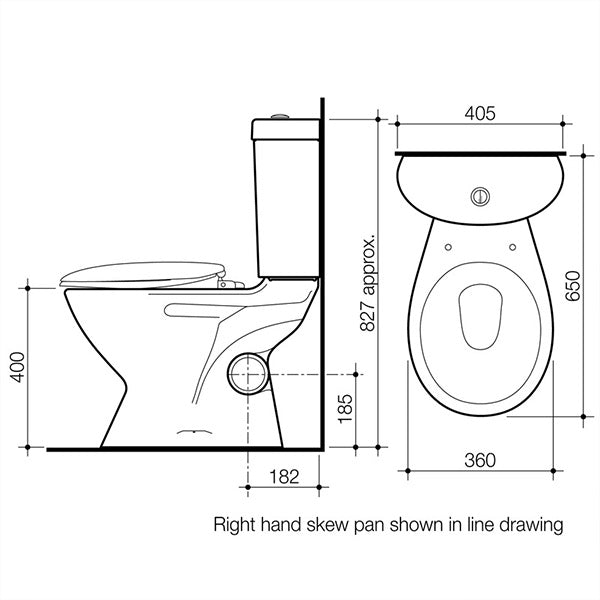 Caroma Profile 4 right hand skew trap toilet suite line drawing with dimensions, side and front views