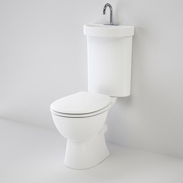 Caroma Profile 5 white toilet suite with integrated hand basin and chrome tap, front view on grey background