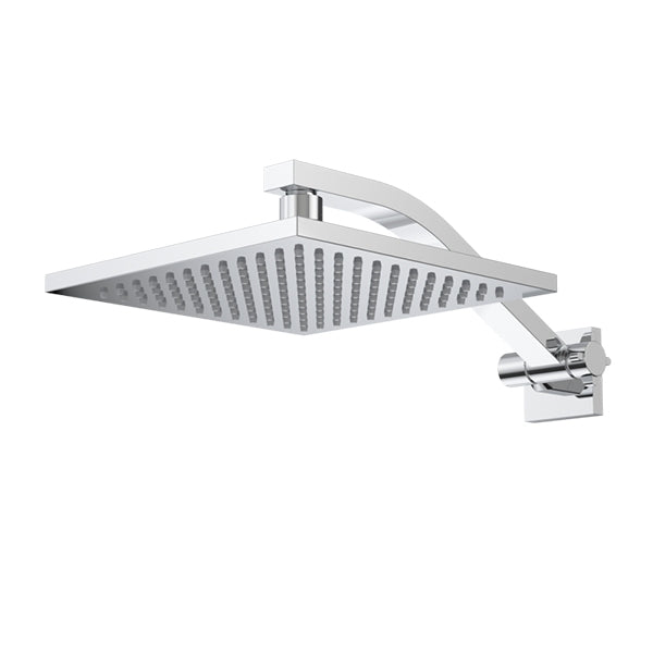 Caroma Quatro chrome square wall shower rose with adjustable arm and pivoting head on white background