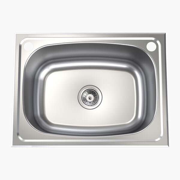 Caroma stainless steel single laundry tub with 45L bowl, top view, square rim and central waste, no overflow