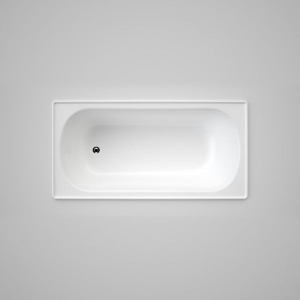 Caroma Stirling white steel built-in bath, rectangular top view with centre waste hole and tile flange