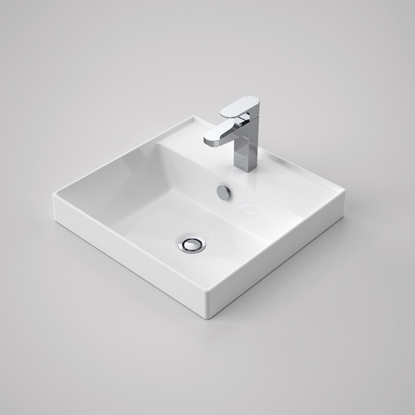 Caroma Teo 2.0 white square inset basin with chrome mixer tap on a grey background