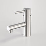 Caroma Titan stainless steel basin mixer tap in satin finish, shown on a plain background, hob mounted, side view