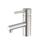 Caroma Titan stainless steel basin mixer, satin finish, side view on white background