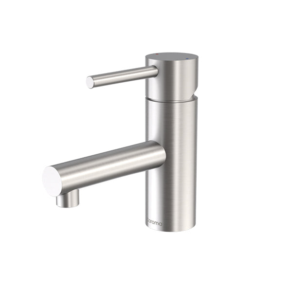 Caroma Titan stainless steel basin mixer, satin finish, side view on white background