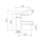 Caroma Titan basin mixer technical drawing in stainless steel, showing side view with dimensions and 23° handle angle