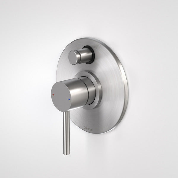 Caroma Titan stainless steel wall-mounted bath and shower mixer with diverter, satin finish, round plate and lever handle