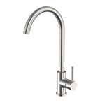 Caroma Titan stainless steel gooseneck sink mixer, satin finish, with swivel lever handle on white background