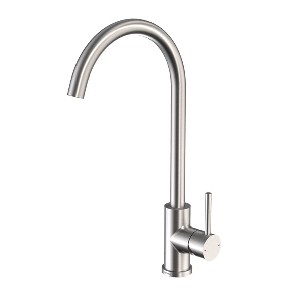 Caroma Titan stainless steel gooseneck sink mixer, satin finish, with swivel lever handle on white background
