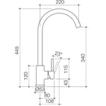 Caroma Titan stainless steel gooseneck sink mixer technical drawing, side view with dimensions and swivel outlet angle.