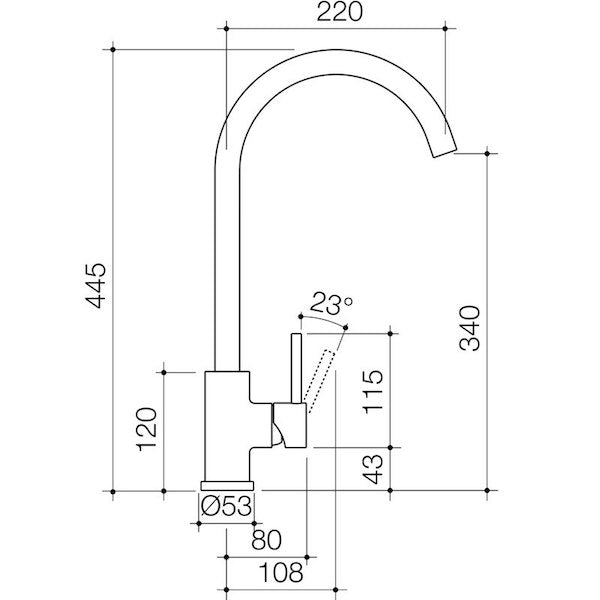 Caroma Titan stainless steel gooseneck sink mixer technical drawing, side view with dimensions and swivel outlet angle.