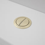 Caroma round metal cistern flush button in brushed brass on a white toilet cistern, top view