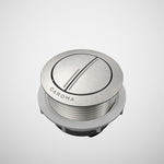 Caroma round metal cistern flush button in brushed nickel, shown in a front view on a white background