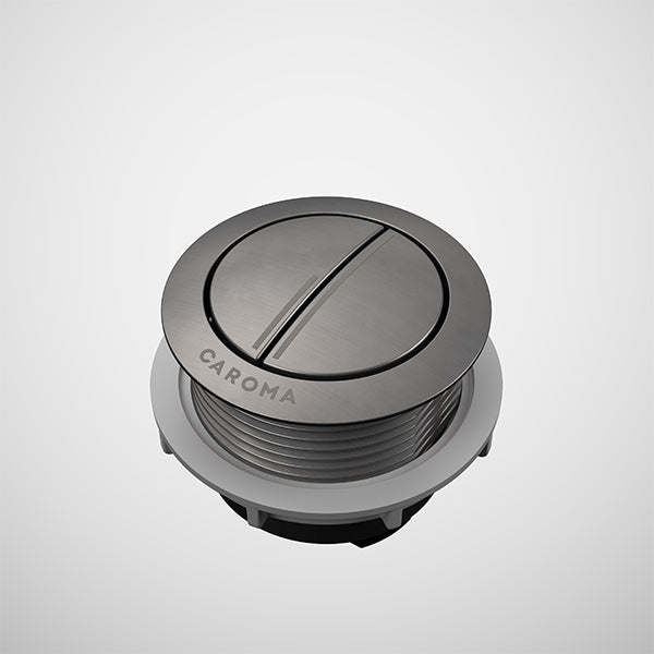 Caroma round metal cistern flush button in gunmetal, shown on a white background
