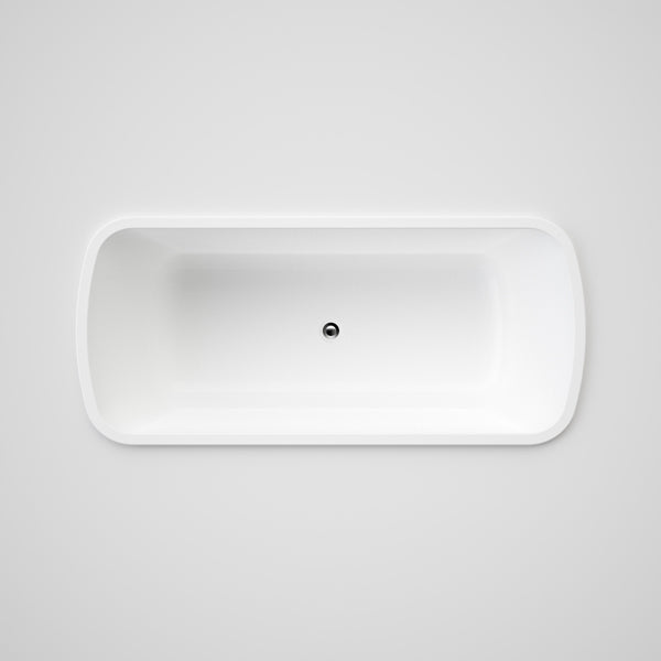 Caroma Urbane white island bath, rectangular top view with centred waste and rounded ends