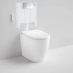 Caroma Urbane II white wall-faced bidet suite with concealed cistern, toilet pan and remote control on wall