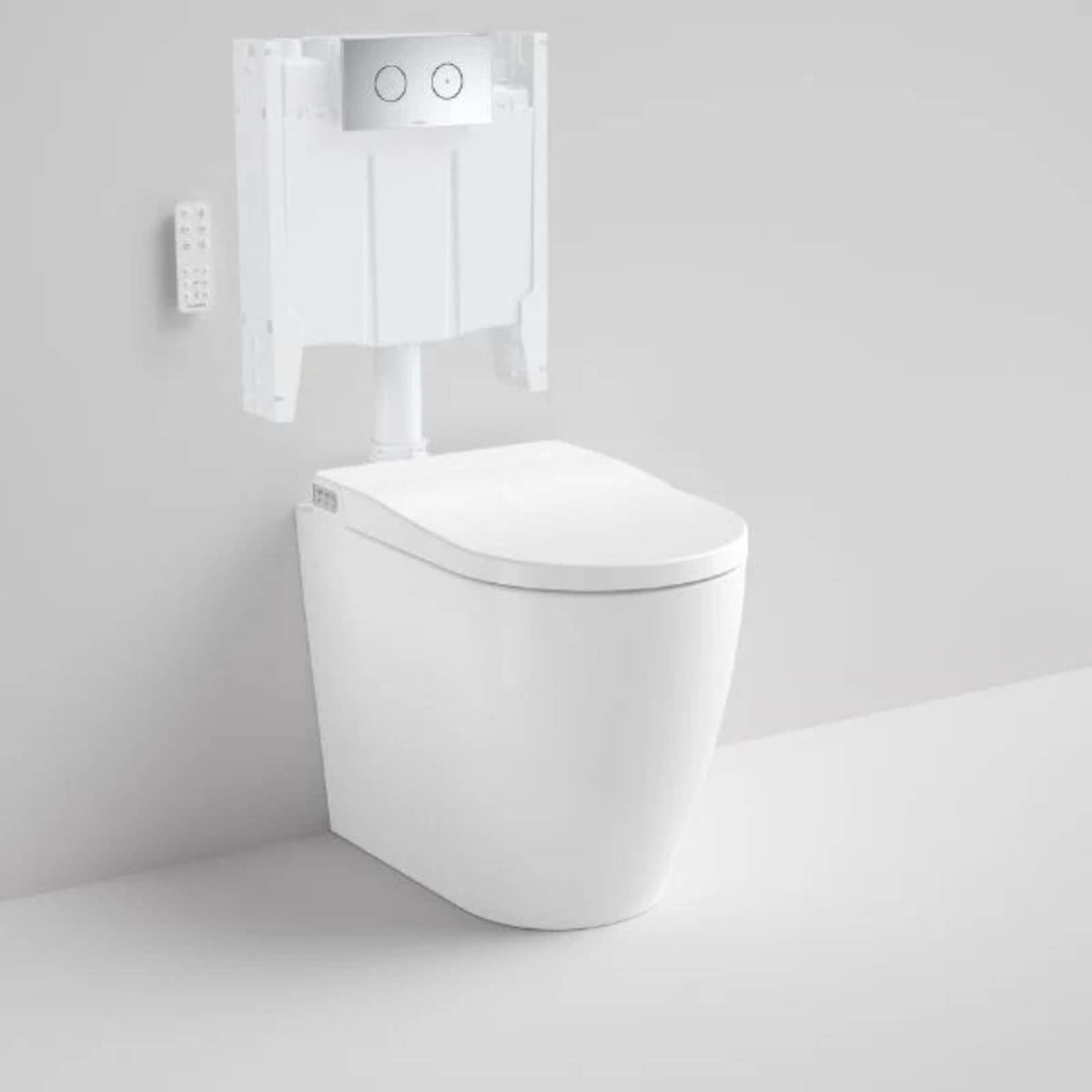 Caroma Urbane II white wall-faced bidet suite with concealed cistern, toilet pan and remote control on wall