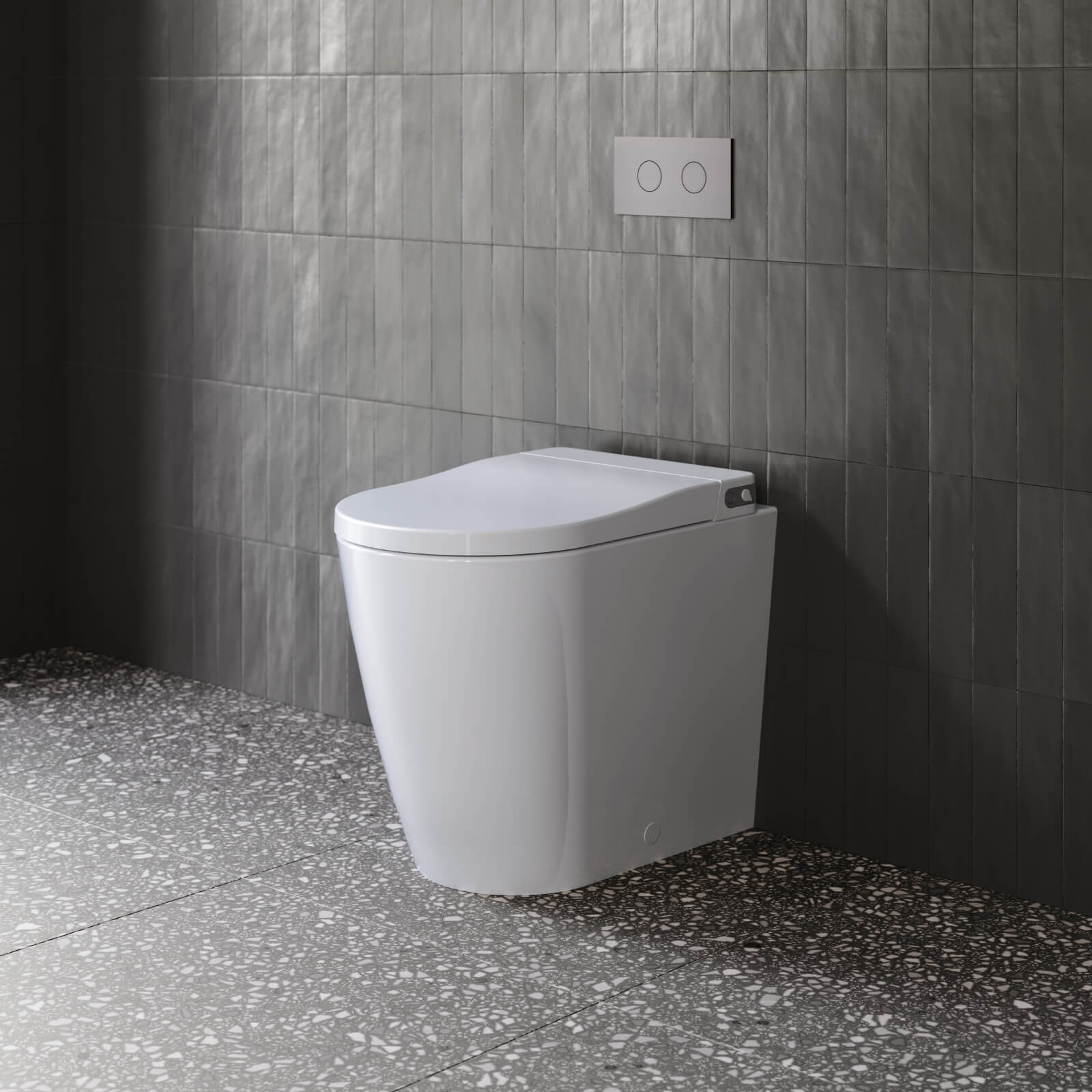 Caroma Urbane II white wall-faced bidet suite with concealed cistern and flush plate in a modern tiled bathroom