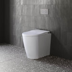 Caroma Urbane II white wall-faced bidet suite with concealed cistern and flush plate in a modern tiled bathroom