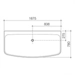Caroma Urbane back to wall freestanding bath technical drawing, white rectangular bath, 1675mm long with dimensions shown