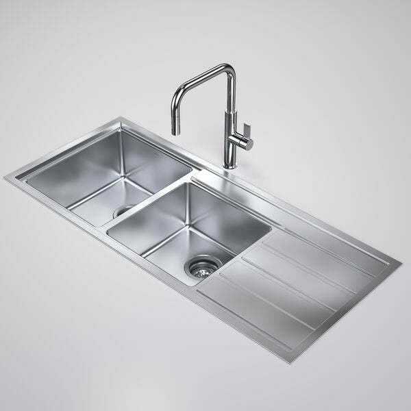 Caroma Urbane II stainless steel 1.75 bowl kitchen sink, right-hand double bowl overmount with drainer