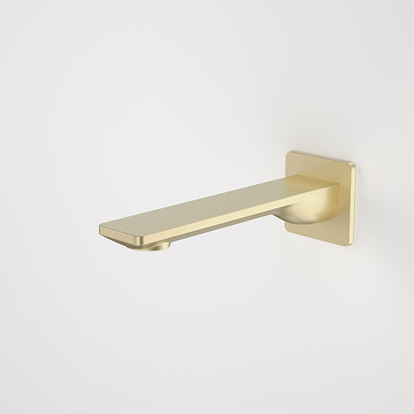 Caroma Urbane II square wall-mounted basin/bath outlet in brushed brass, 180mm spout, front view
