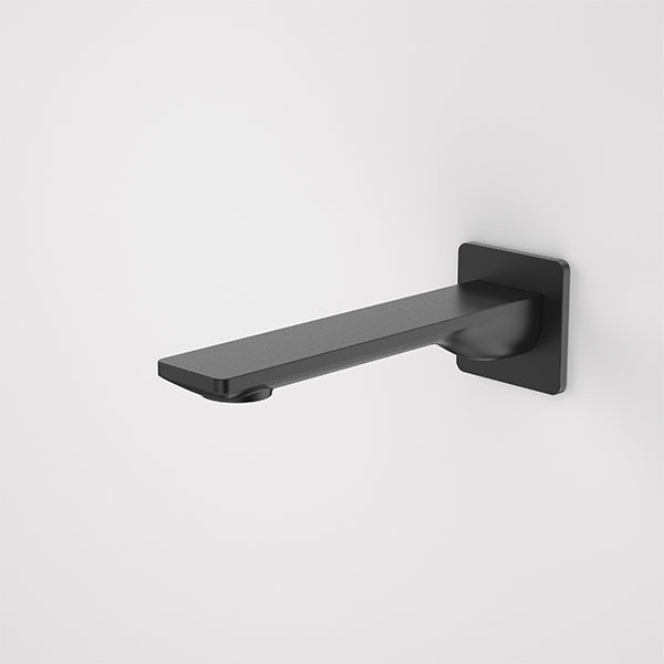 Caroma Urbane II square wall-mounted basin/bath outlet in matte black, side view, 180mm spout