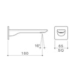 Caroma Urbane II square wall-mounted basin/bath outlet technical drawing, chrome, 180mm projection, 65mm square faceplate.