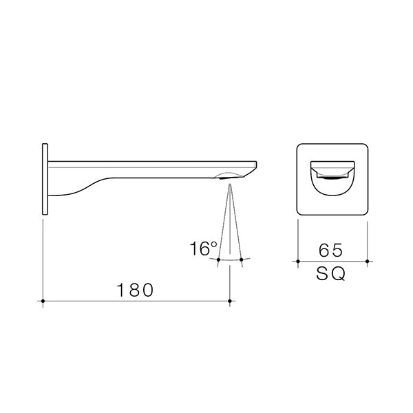 Caroma Urbane II square wall-mounted basin/bath outlet technical drawing, chrome, 180mm projection, 65mm square faceplate.