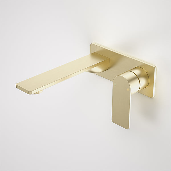 Caroma Urbane II wall basin/bath mixer tap in brushed brass, rectangular wall-mounted design with lever handle