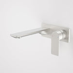 Caroma Urbane II wall basin/bath mixer in brushed nickel, rectangle design, shown front on against a white background