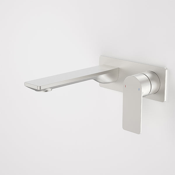 Caroma Urbane II wall basin/bath mixer in brushed nickel, rectangle design, shown front on against a white background