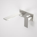 Caroma Urbane II wall basin/bath mixer in brushed nickel, rectangular wall-mounted tap with long spout and lever handle