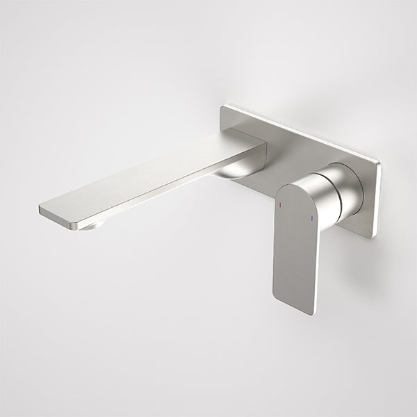 Caroma Urbane II wall basin/bath mixer in brushed nickel, rectangular wall-mounted tap with long spout and lever handle