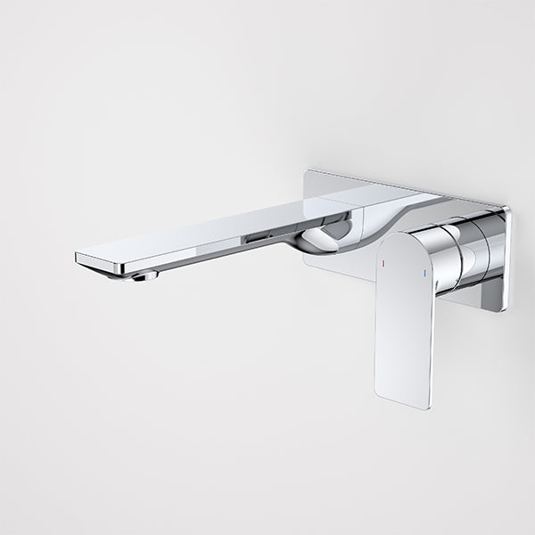 Caroma Urbane II wall basin/bath mixer in polished chrome, with rectangular spout and lever handle, shown front on.