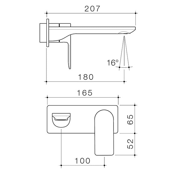 Caroma Urbane II wall basin/bath mixer technical drawing, brushed brass rectangle tap with dimensions and side view