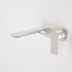 Caroma Urbane II wall basin/bath mixer in brushed nickel, with round wall plate and slim lever