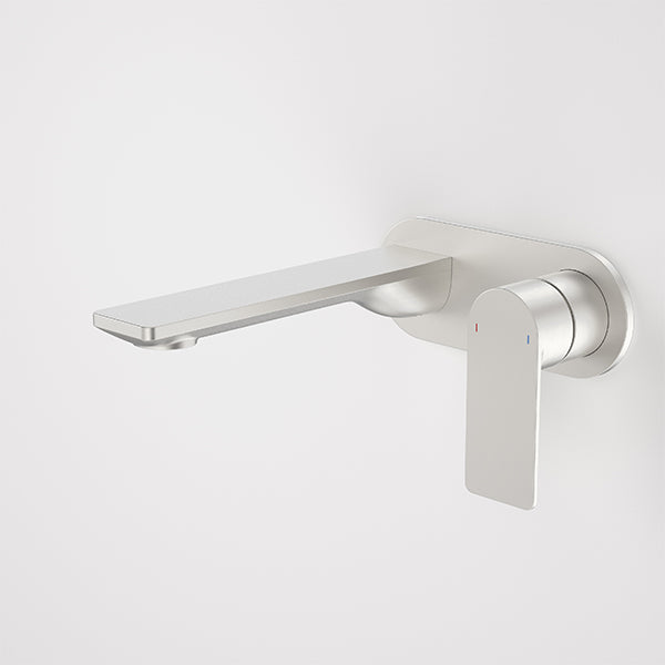 Caroma Urbane II wall basin/bath mixer in brushed nickel, with round wall plate and slim lever