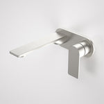 Caroma Urbane II wall basin/bath mixer tap in brushed nickel with round wall plate and lever handle
