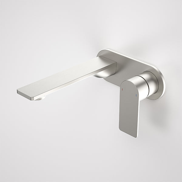Caroma Urbane II wall basin/bath mixer tap in brushed nickel with round wall plate and lever handle