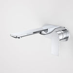 Caroma Urbane II wall basin/bath mixer in polished chrome, round wall-mounted tap with lever handle and extended spout above white background