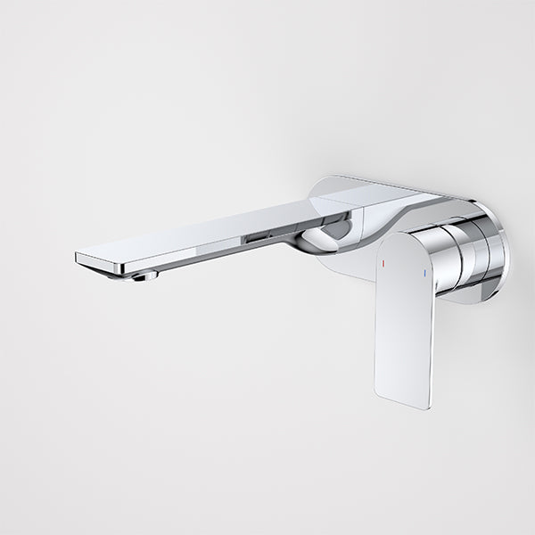 Caroma Urbane II wall basin/bath mixer in polished chrome, round wall-mounted tap with lever handle and extended spout above white background