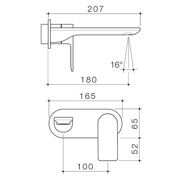 Caroma Urbane II wall basin/bath mixer technical drawing in brushed brass, showing side and front dimensions.