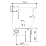 Technical drawing of Caroma Urbane II wall basin/bath mixer, matte black, showing 207mm and 180mm dimensions and 16° outlet angle