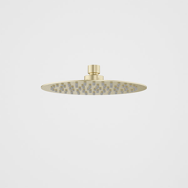 Caroma round rain shower head in brushed brass, front view on white background