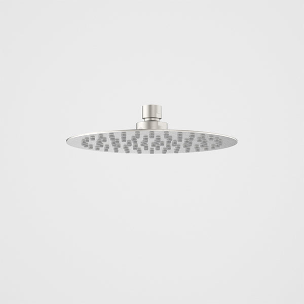 Caroma round rain shower head in brushed nickel, slim 200mm profile, front view on white background