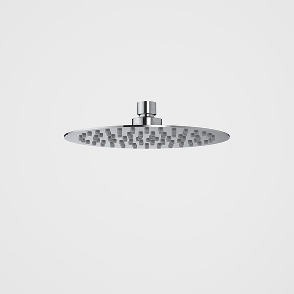 Caroma 200mm round rain shower head in chrome, slim overhead shower rose on white background